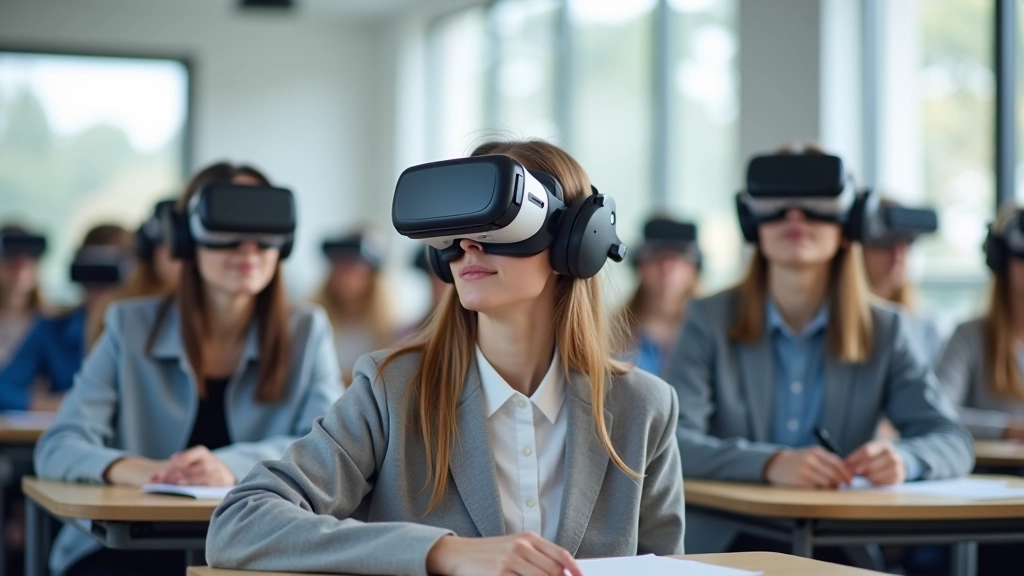 Klasės scena su studentais naudojančiais VR mokymui