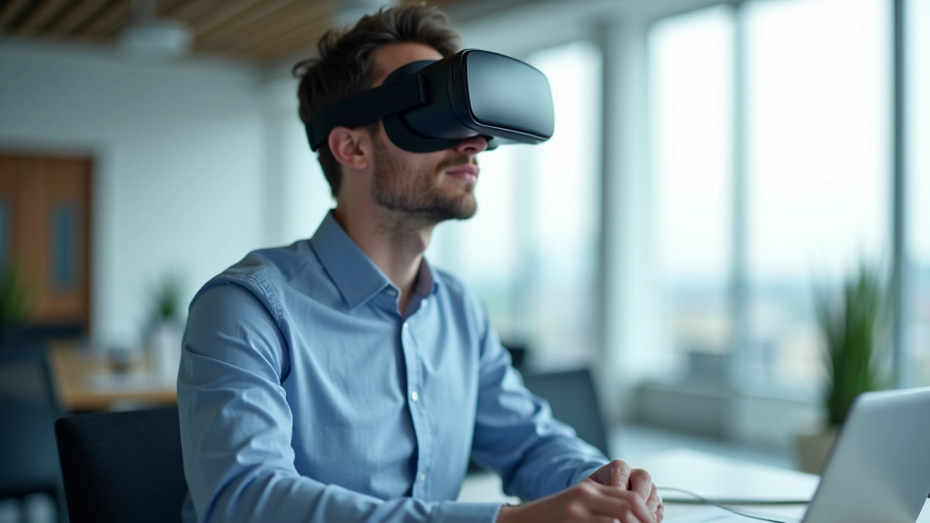 Verslo profesionalas naudoja VR headsetą biuro aplinkoje, šviesi dienos šviesa iš lango
