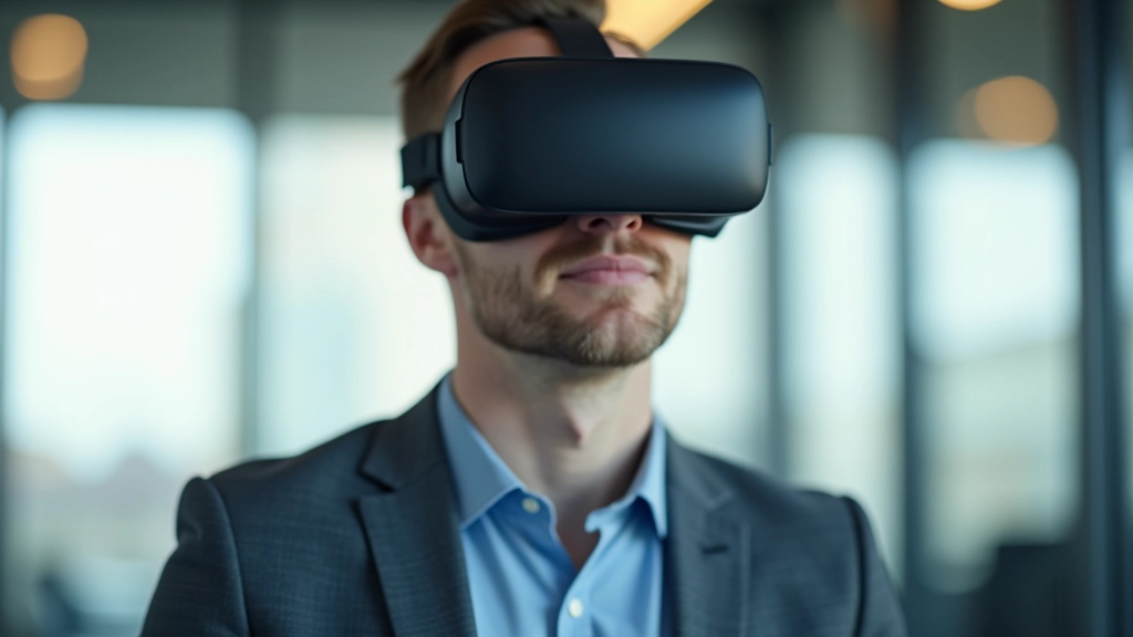 Vyras nešiojasi VR akinius šviesiai apšviestoje modernioje biuro erdvėje