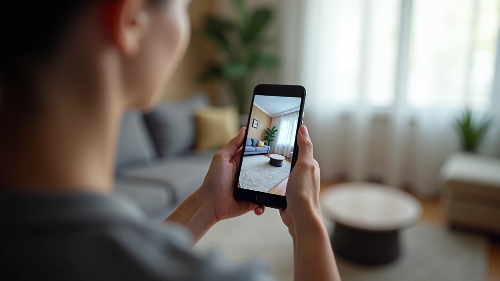 Žmogus naudoja išmanųjį telefoną, norėdamas pamatyti virtualų baldą savo namų interjere, AR technologija iš arti