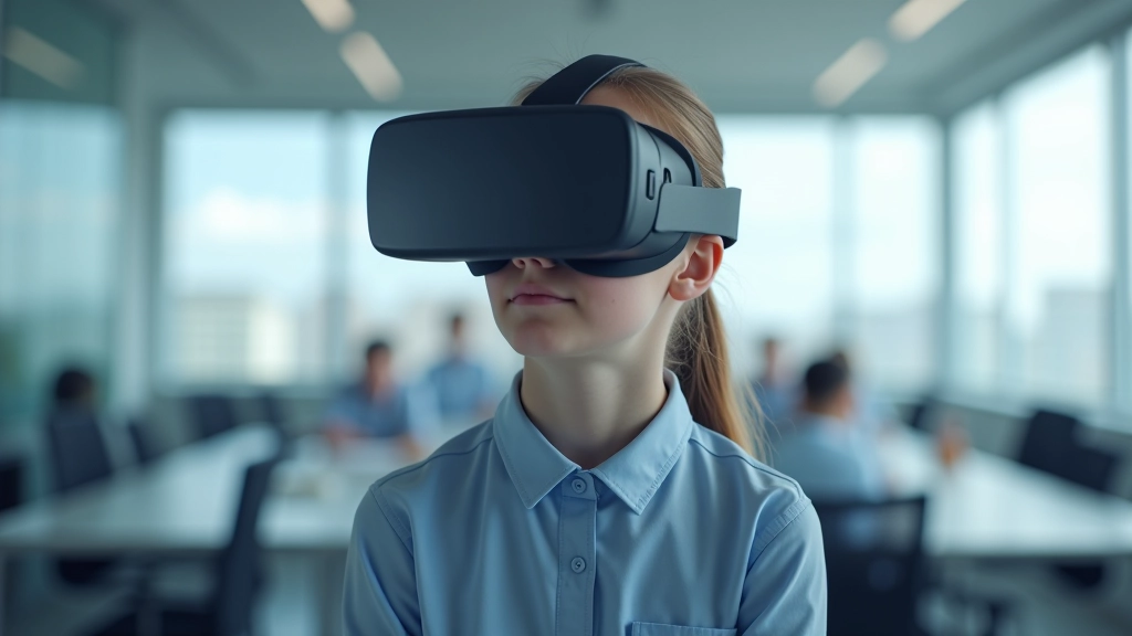 Mokinys su VR akiniais, naudojantis virtualią laboratorijos aplinką