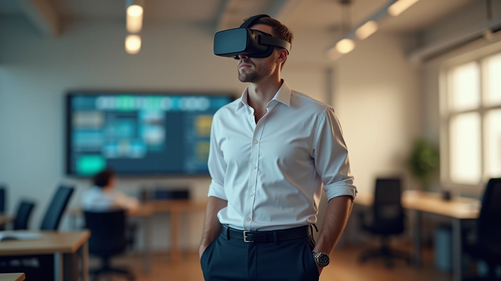 Mokytojas stebėdamas mokinius VR klasėje, naudodamas valdymo konsolę